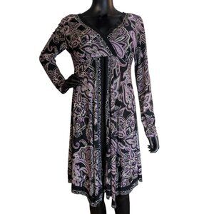 INC International Concepts Paisley Wrap Dress M Purple Black Long Sleeve
